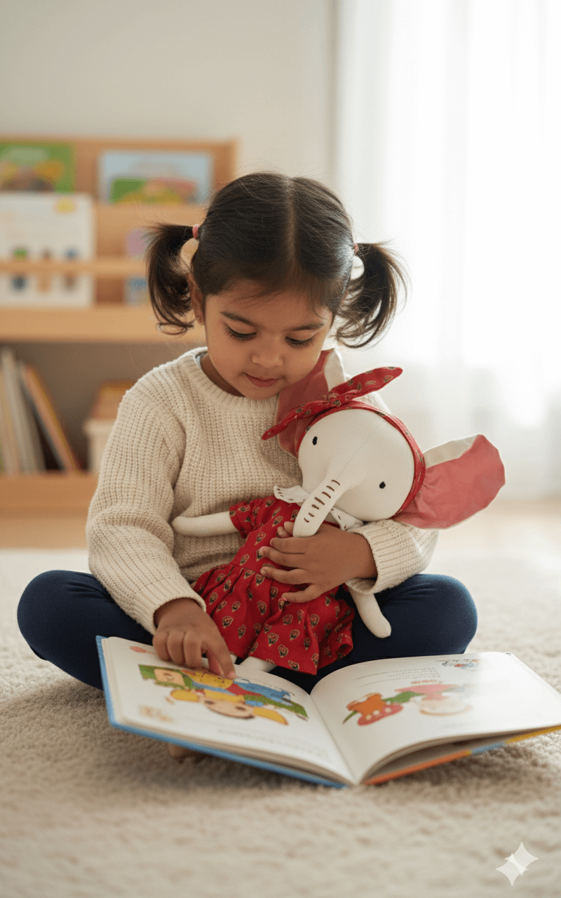 Child reading a book with a stuffed toy elephant in a cozy room.