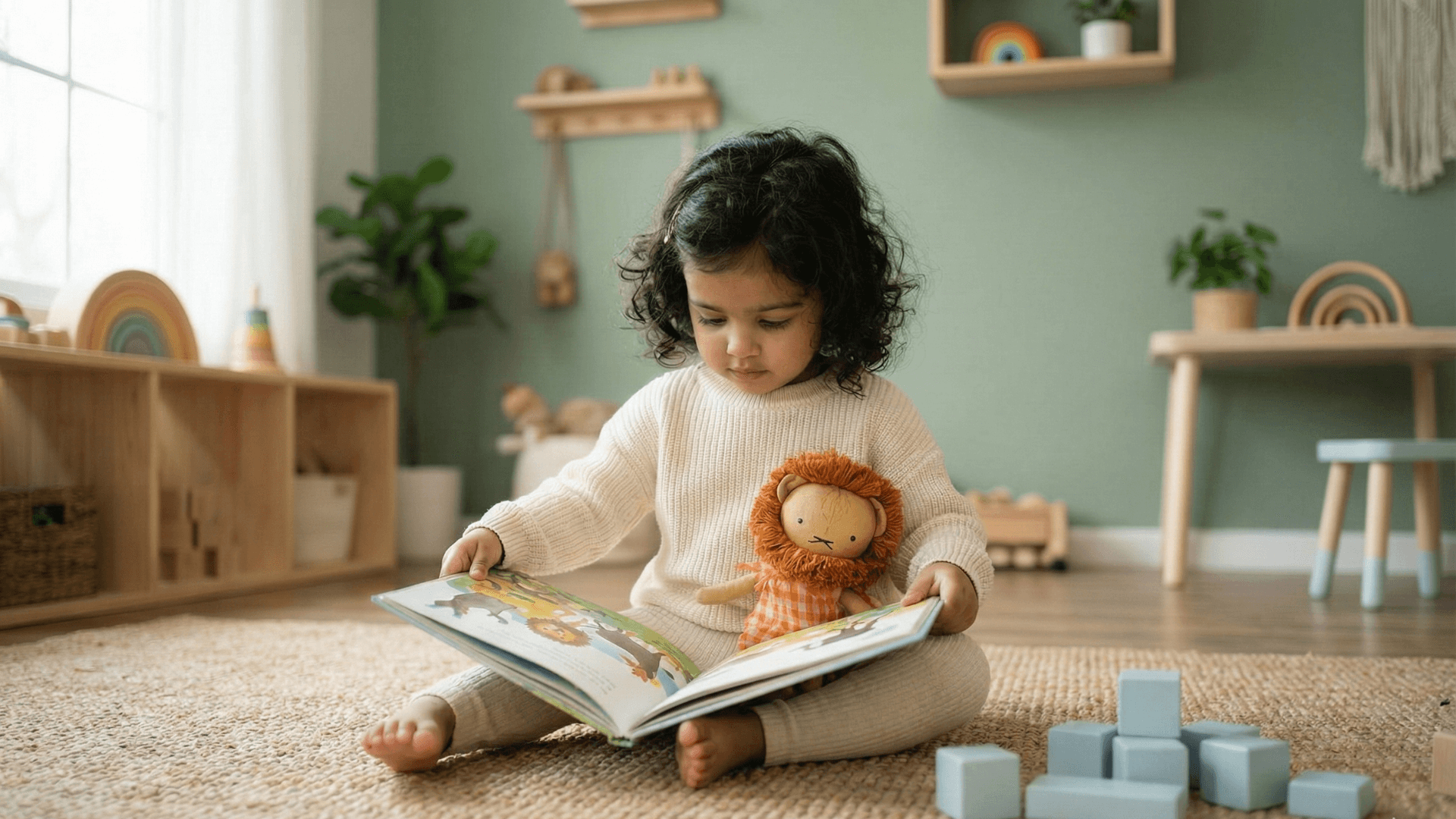 Child reading a book with a lion plush toy in a playroom with wooden furniture and plants.
