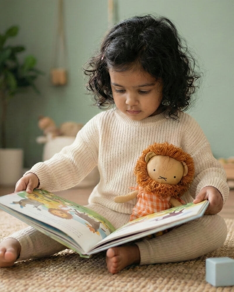 Child in a high neck sweater reading a book with a cute lion plush toy on a cozy beige carpeted floor.