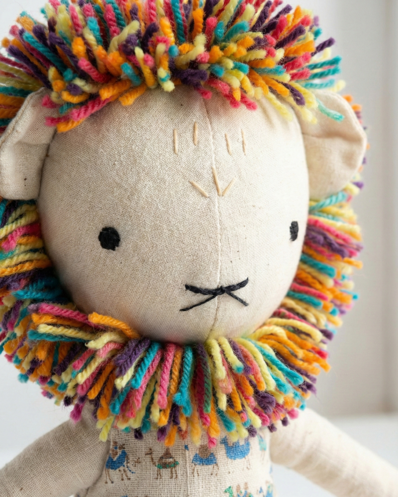 Toy lion with colorful mane and embroidered details on a neutral background