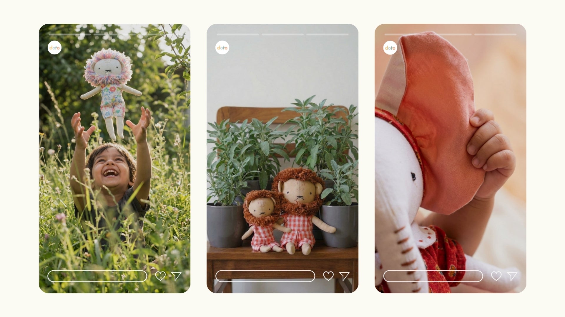 Three photo cards featuring children with dolls and stuffed animals.