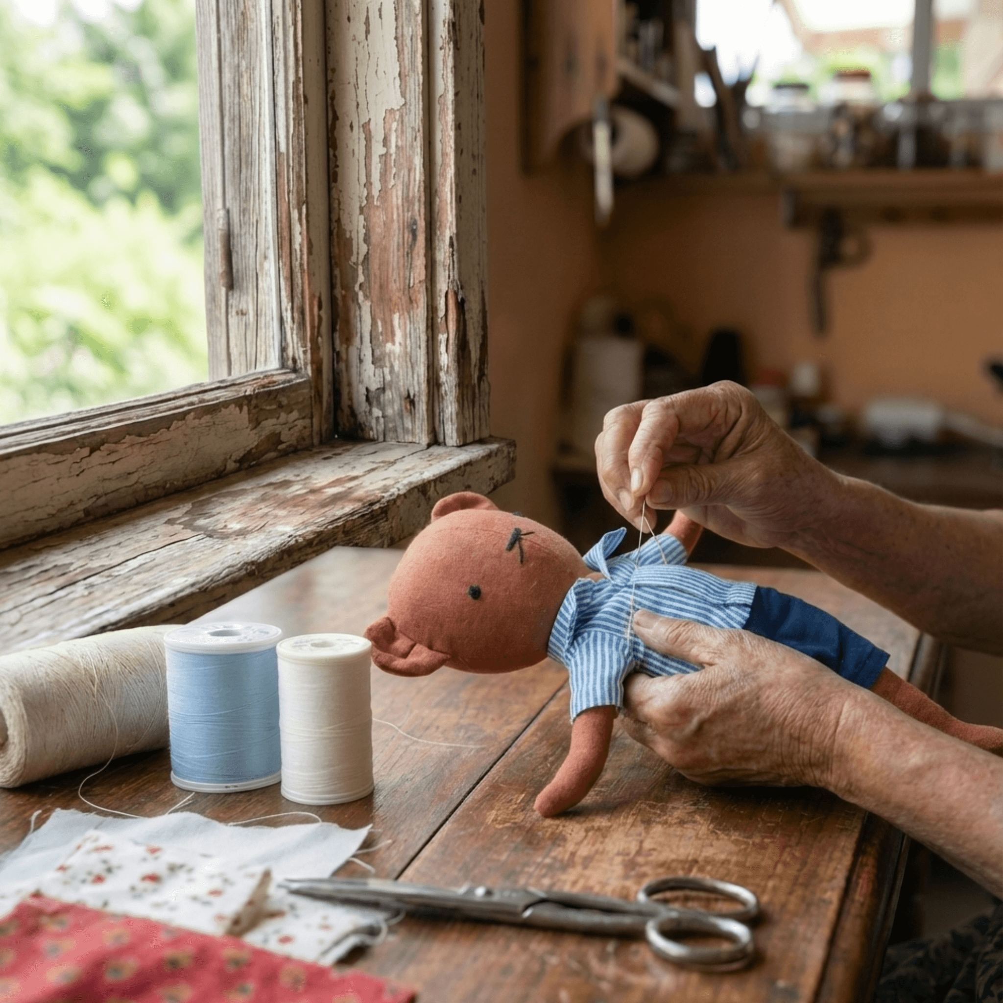 Person sewing a small teddy bear on a wooden table with spools of thread and scissors.